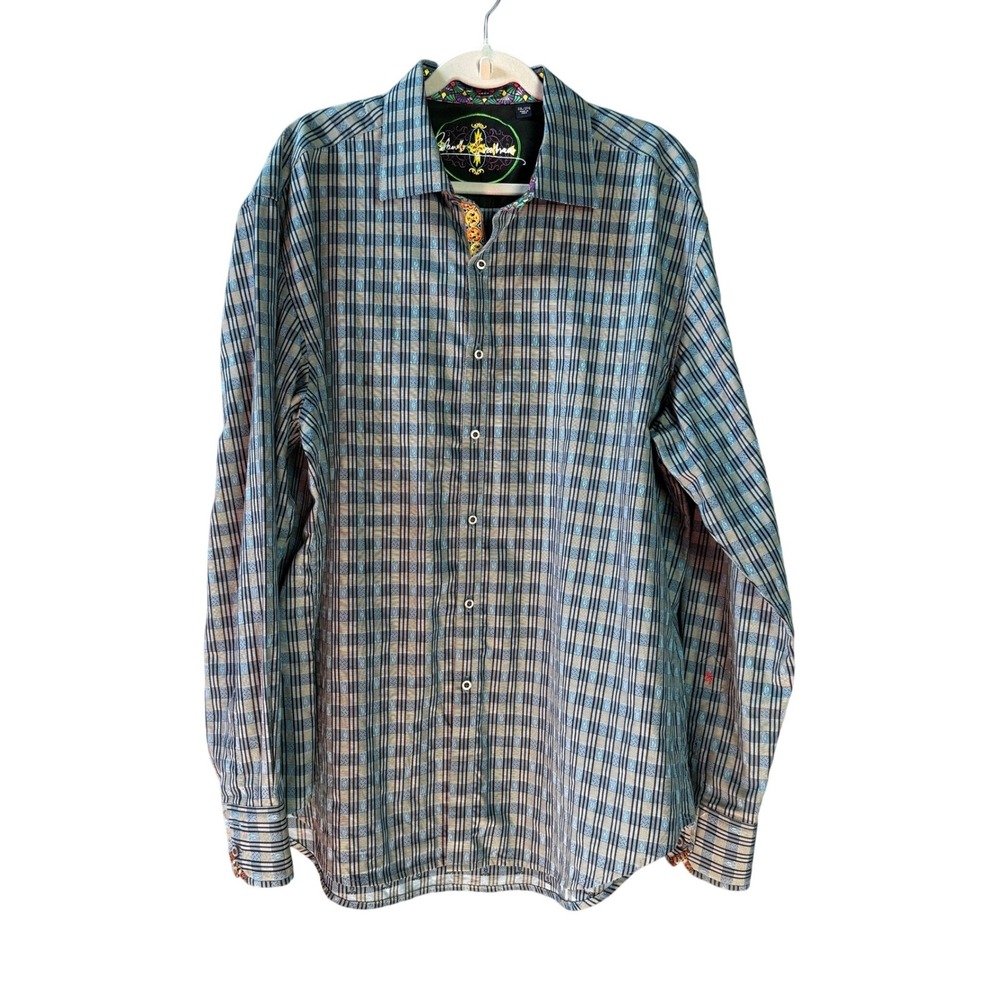 Robert Graham Men 2XL Blue Plaid Button Down Shirt Contrast Embroidery Classic